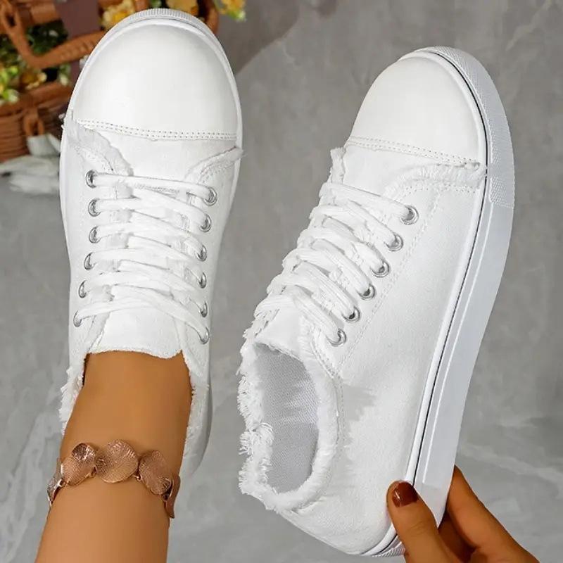 2026 New Platform Canvas Sneakers Women - Lightweight Printed Chunky Sole White Shoes Korean Style  Casual Shoes