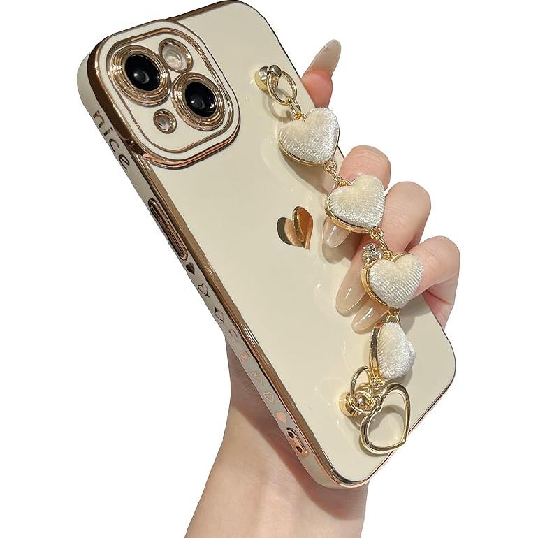 Caseative for iPhone 15 Case,Cute Plating Love Heart Wrist Strap Chain Bracelet Phone Case (Black) белый