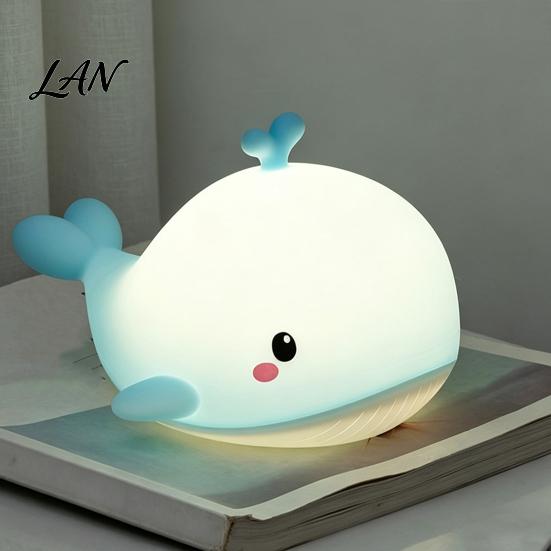 Portable Animal Night Light Cute Whale Silicone Touch Light, USB Rechargeable Bedside Lamp with Charging 3 Brightness & Remote Control, 30 Min