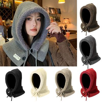 New Balaclava Hat Neck Protection Windproof Knitted Hat Button Design Warm Lace-up Hat Autumn Winter