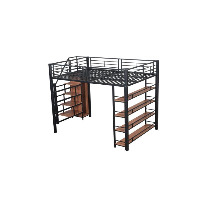 Lit Mezzanine - MUVOE - 140x200 Cm - Noir - Escalier De Rangement - Haute Clôture De Sécurité