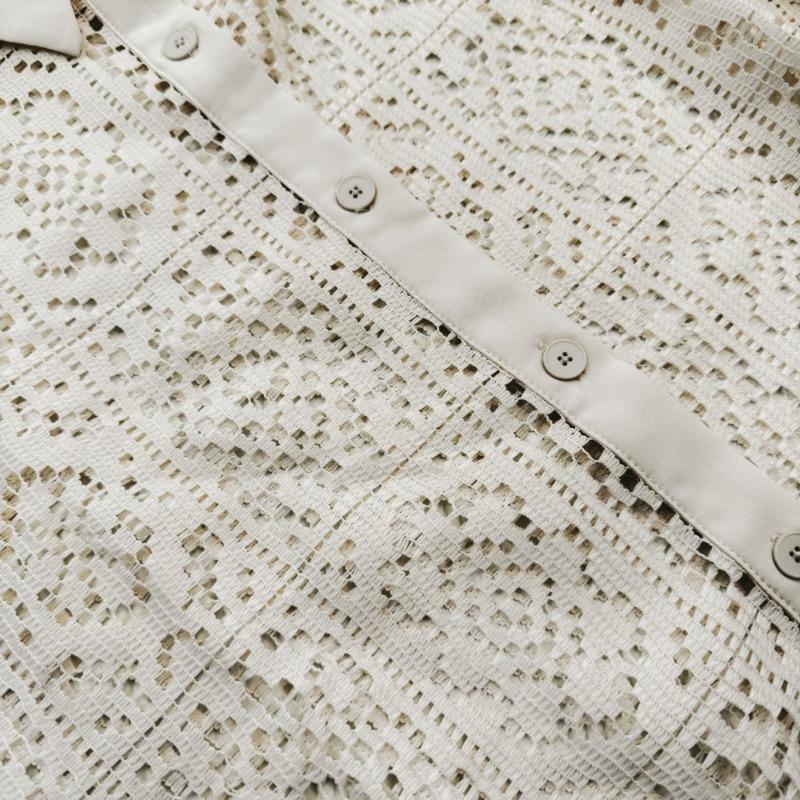 Móda Vintage Elegantní Vyšívané Krajkové Košile Dámské Dlouhý Rukáv Volné Ležérní Dámské Halenky Léto Jednobarevné Zapínání na Knoflíky Košile Topy Dámské Oblečení 26263