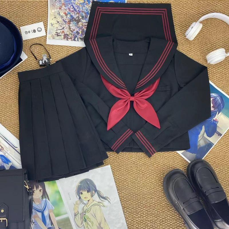 

Authentic Red Trim Sailor Suit: JK Academy Style Student Uniform Set Extra Large