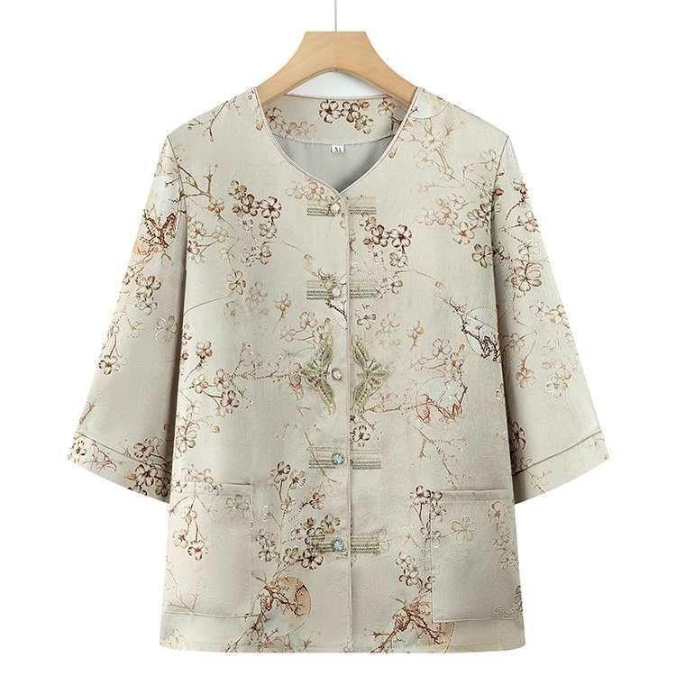 Stylish Chinese Summer Suit: Short-Sleeve Shirt for Middle-Aged & Elderly Women