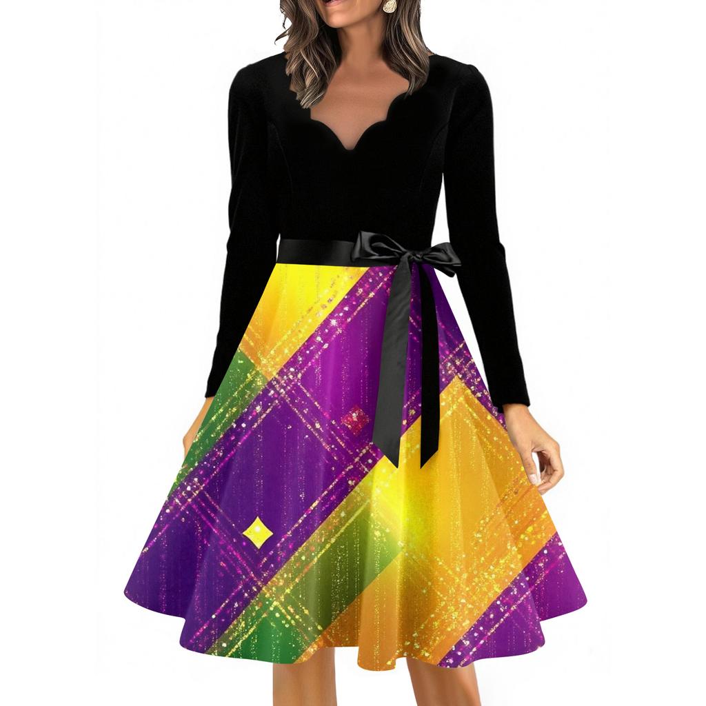 Women's Casual Fashion V Neck Long Sleeve Printed Vintage Long Dress