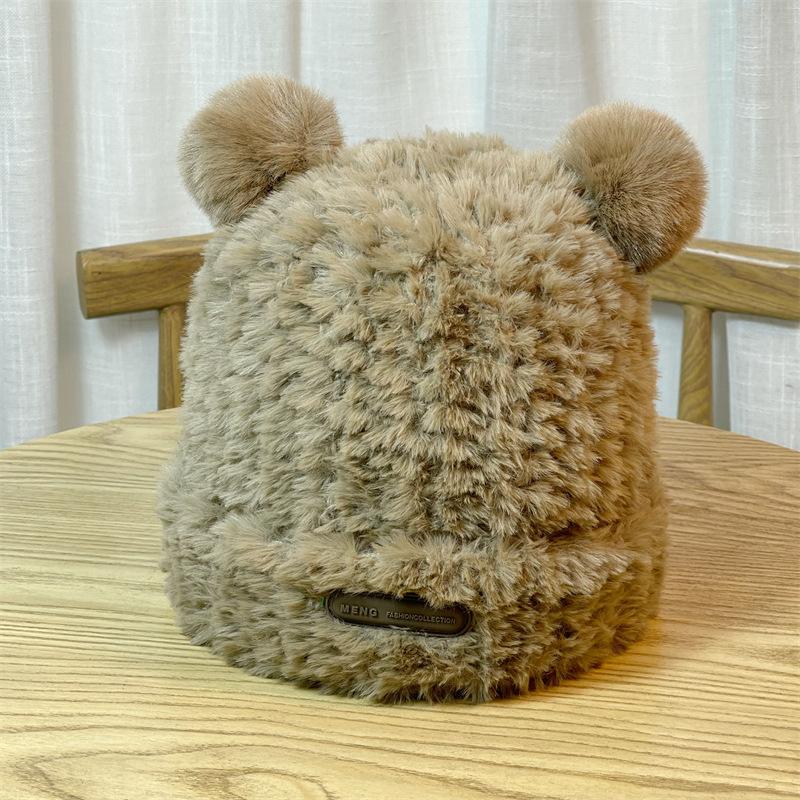 Large Head Circumference Soft and Cute Bear Ear Plush Hat for Women, Warm and Face-Slimming, Loose and Sweet Ear Protection Hat for Autumn and Winter