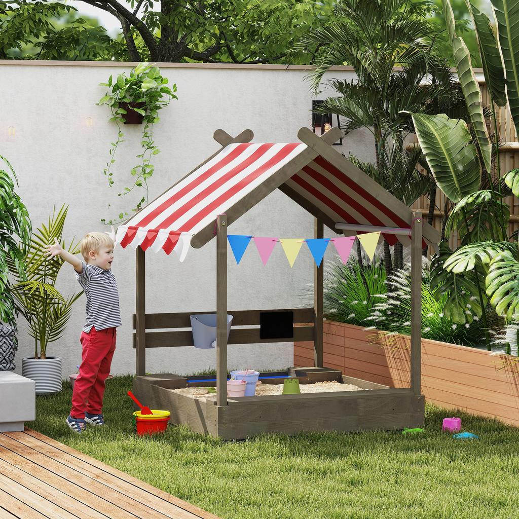 House-Designed Wooden Sandbox, Outdoor Sandpit, with Blackboard, Toys, Sink, Seats, Flags, for Ages 3-7 Years - Grey