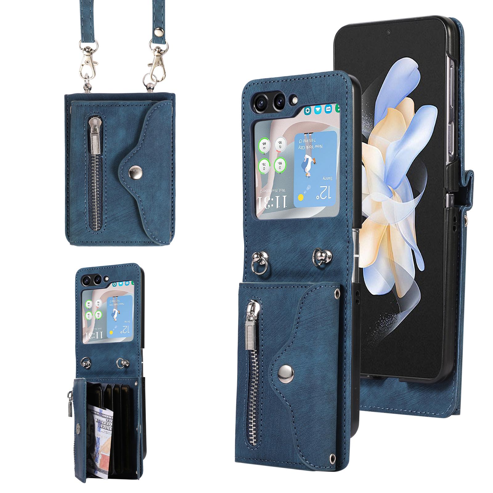 

For Samsung Galaxy Z Flip6 5G Case PU Leather+TPU RFID Blocking Card Slots Phone Cover with 2 Straps Blue