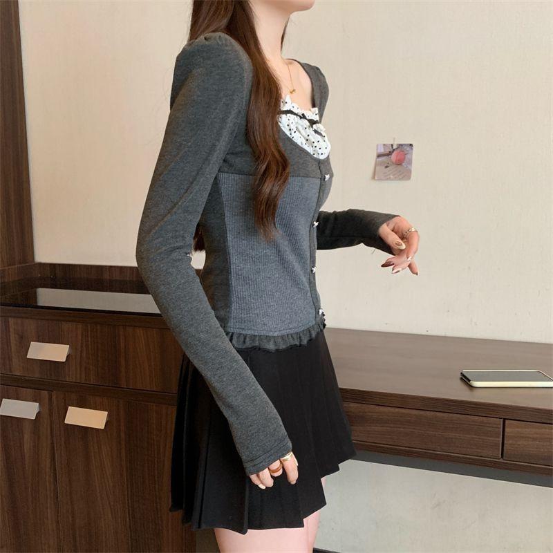 Square-neck Sweet and Spicy Polka Dot Splicing Fake Two-piece Long-sleeved T-shirt French Design Niche Button Lace Top