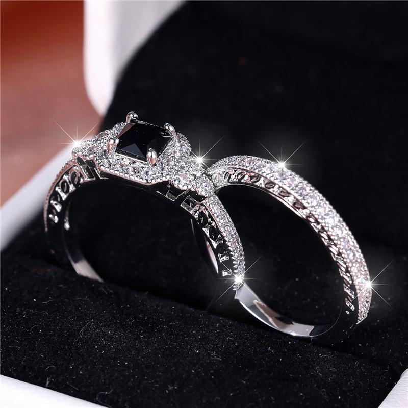 Female Black Zircon Stone Engagement Ring Set Cute Silver Color Wedding Jewelry For Women