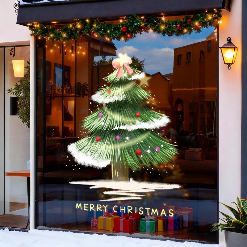 Bow Green Christmas Tree Electrostatic Sticker Shop Window, Festival Shop Decoration, Event Gift Box, Glass Door Sticker