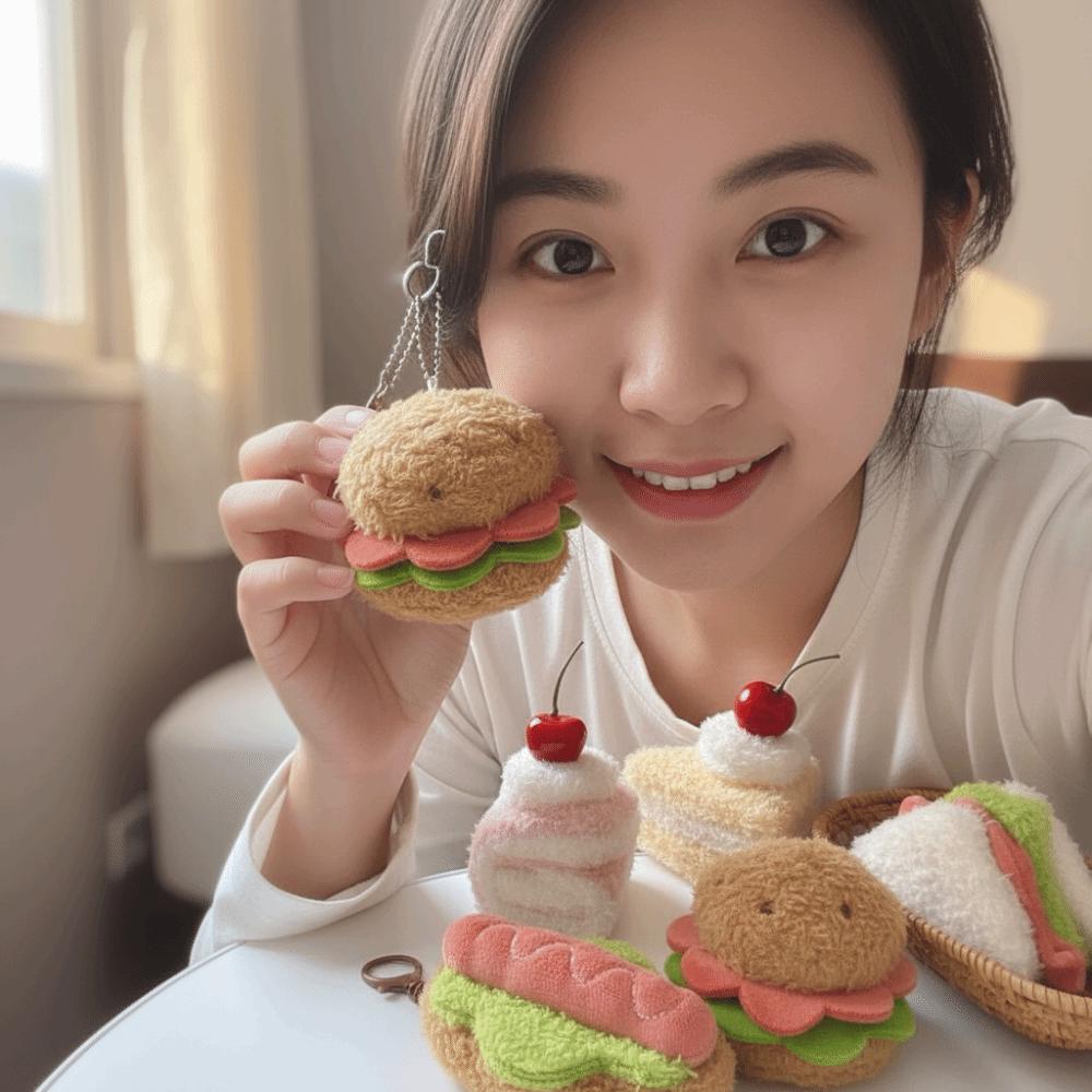 2Pcs Kawaii Design Simulation Food Plush Keychain Plush Material Creative Shape Hamburger Keyring Simulation Food Adorable Style