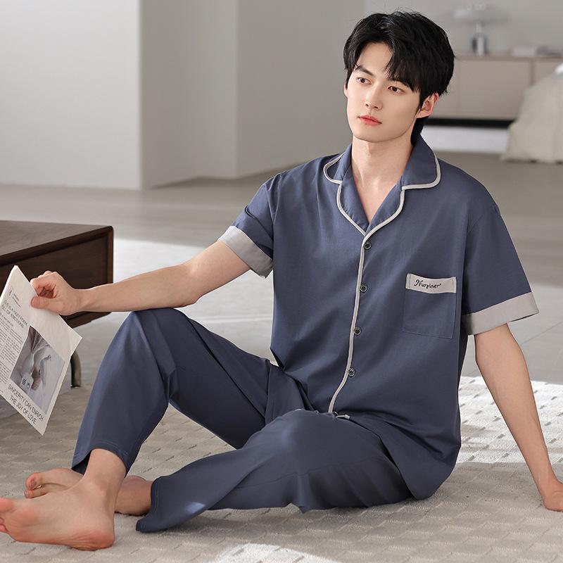 Pure cotton pajamas men's summer lapel short-sleeved trousers 1011 new thin suit men's summer casual loungewear