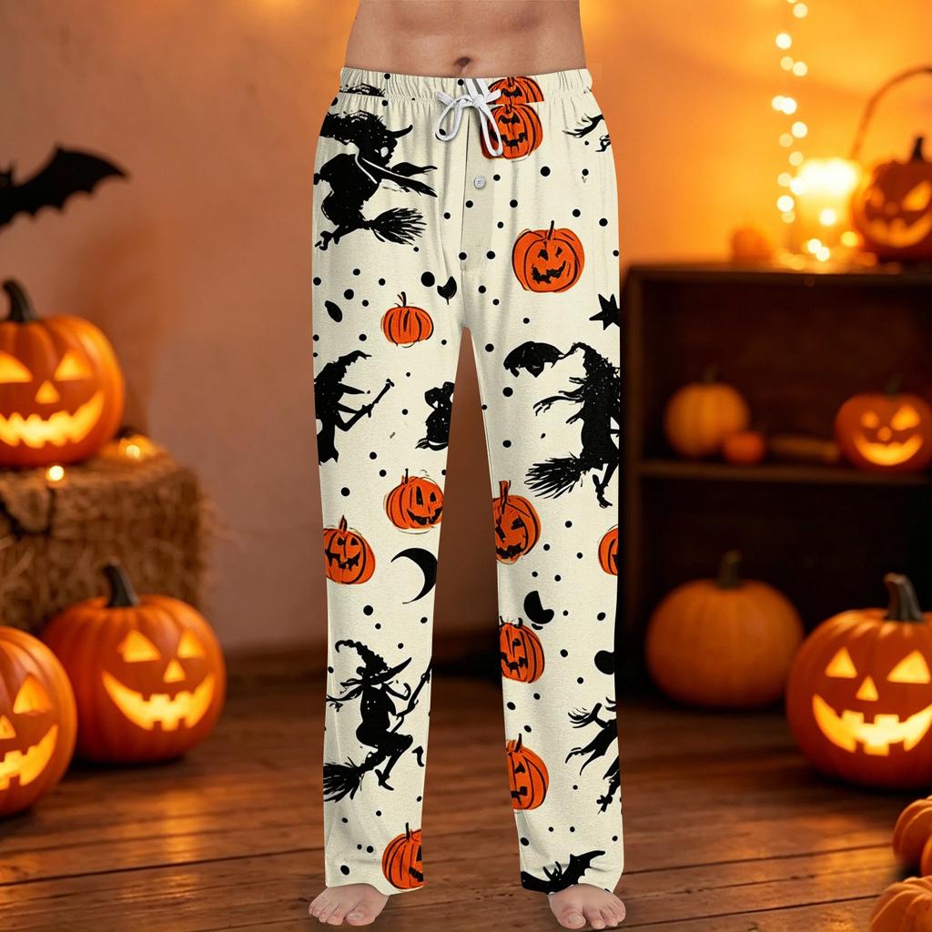 Men's Halloween Printed Drawstring Lounge Pants Casual Relaxed Fit Sleepwear with Pumpkin and Bat Pattern for Home and