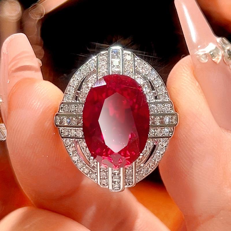 Luxury Oval Cut Red Blue Created Ruby Sapphire Ring Pendant Necklace CZ Adjustable Ring Fine Jewelry for Women Wedding Party