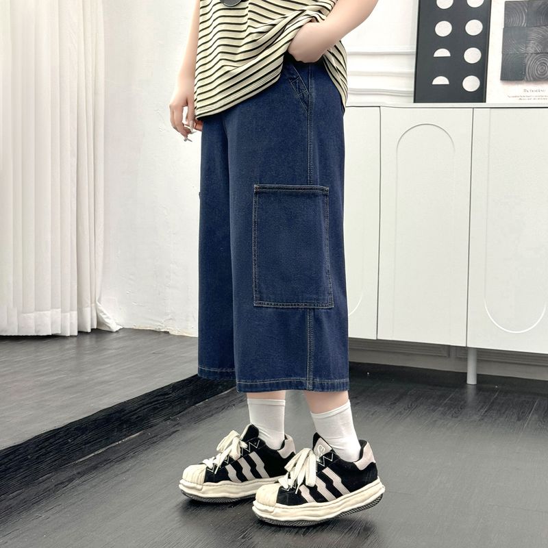 

Plus size women clothing [Retro Street Jeans] Summer Chubby Girl High Waist Large Pocket Casual Wide Leg Capri Pants Deep Blue 46