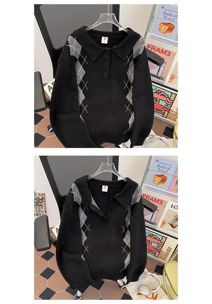 2025 British Classic Diamond Jacquard Color Block Knit Sweater