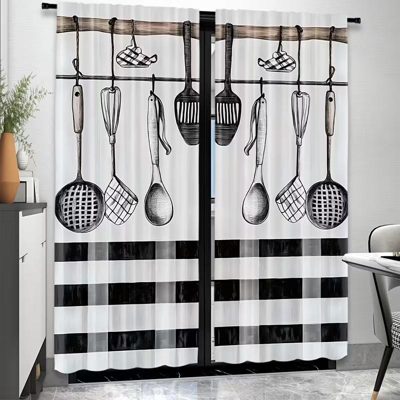 Farmhouse Kitchen Utensil Gingham Curtains Polyester Cafe Window Decor Semi Sheer Set Of 2 Made With Rod Pocket