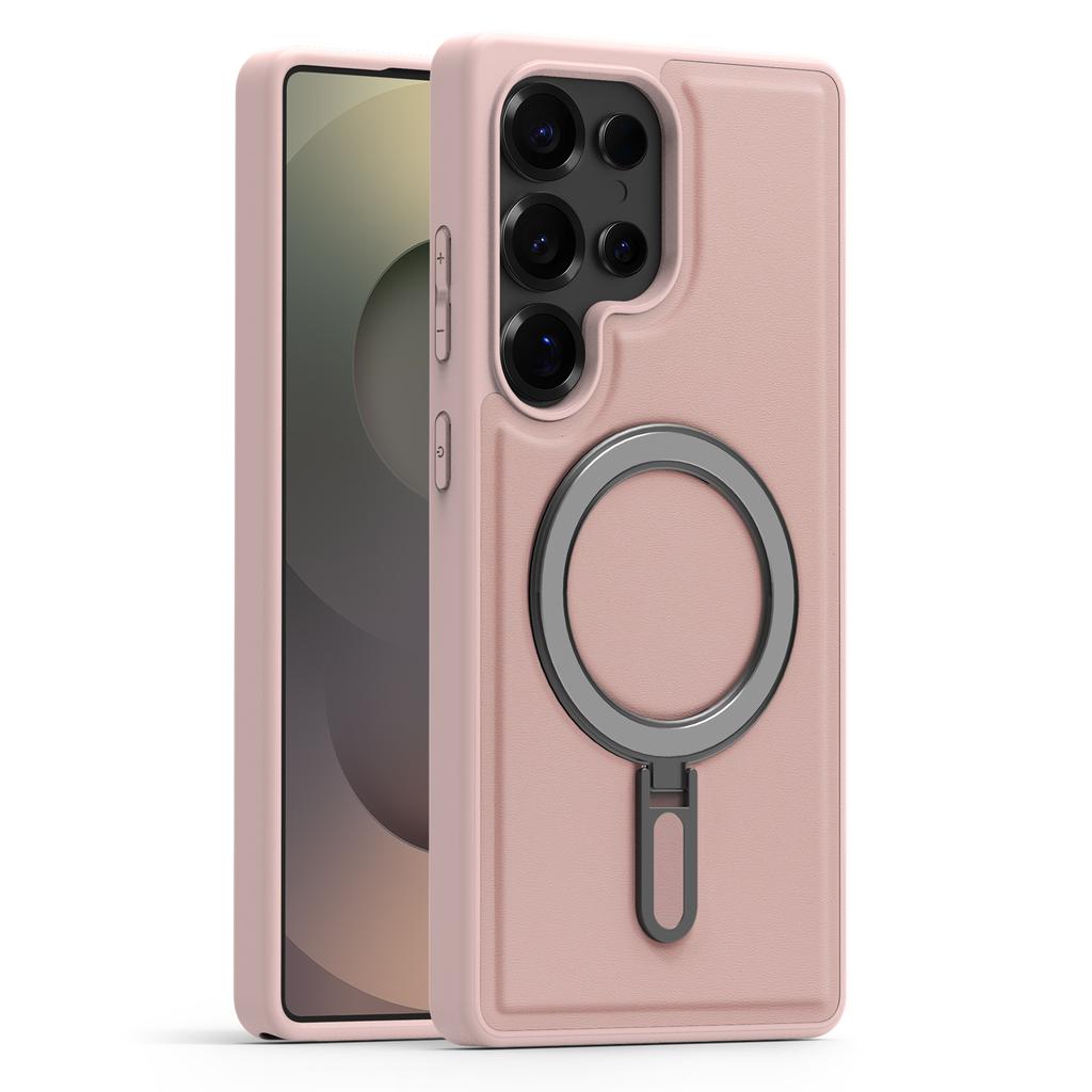 Magsafe Magnetic Metal Car Bracket Ring Luxury Matte Leather Phone Case For Samsung S22 S23 S24 S25 Ultra S24 Plus S25 FE Back Cover
