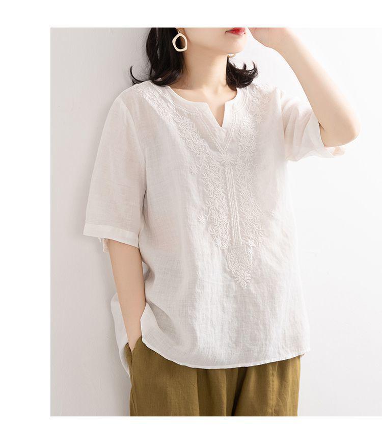 Dam Broderad Bomull & Linne V-ringad Kortärmad Lös Pullovertopp