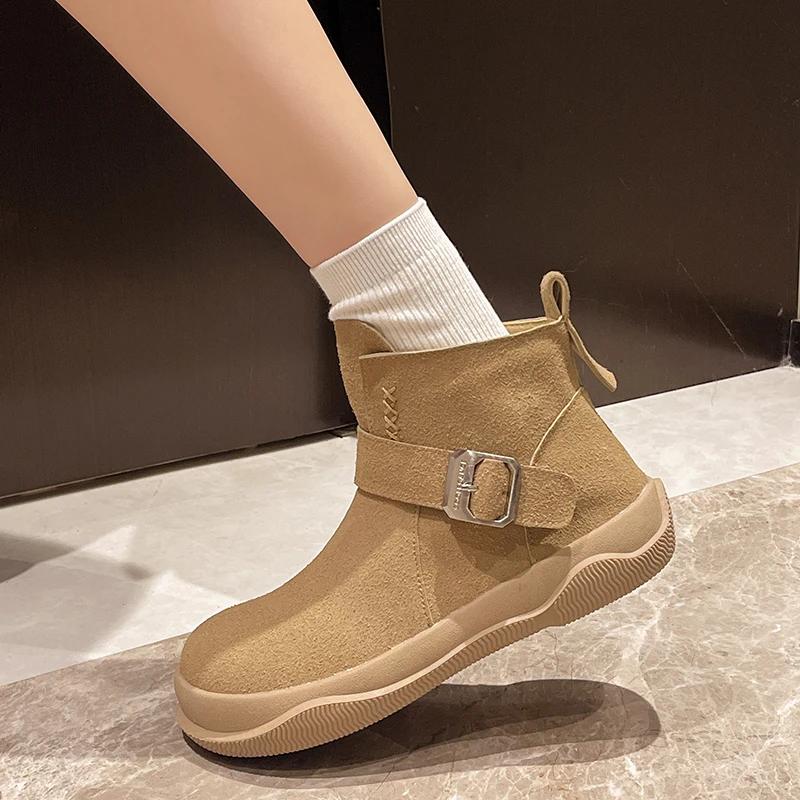 Flats Ankle Women Snow Sneakers Boots Belt Buckle Suede Winter Fashion Women Shoes New 2025 Trend Casual Walking Non Slip Boots