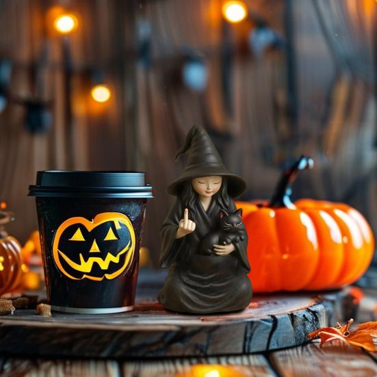 Halloween Ornament Dark Humor Witchcraft Vibe Creepy Witch Statue Black Robe Cat Themed Resin Home Decor