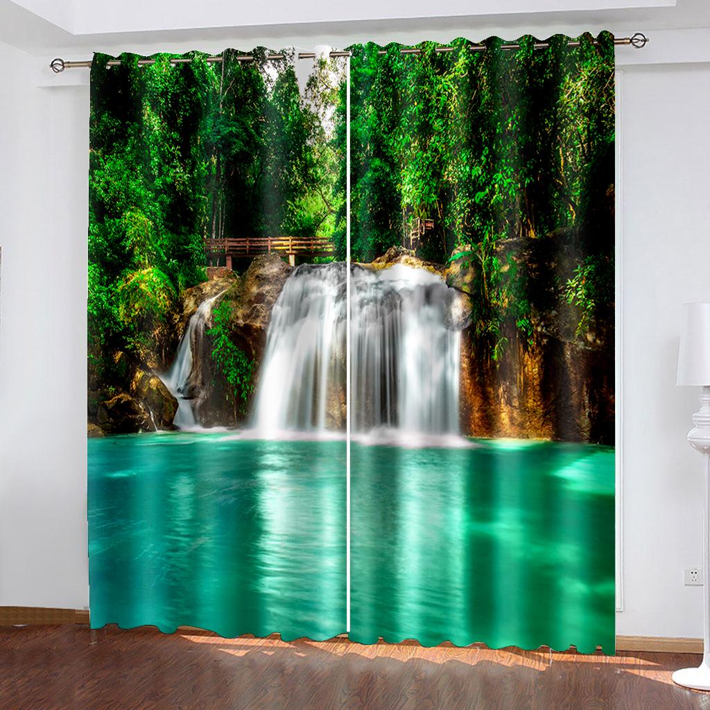 

3D дешевые горы реки лес пейзаж солнцезащитные шторы 2 панели бесплатная доставка роскошная гостиная спальня домашний декор занавес 100W130H(CM)40x51in&Grommet Top