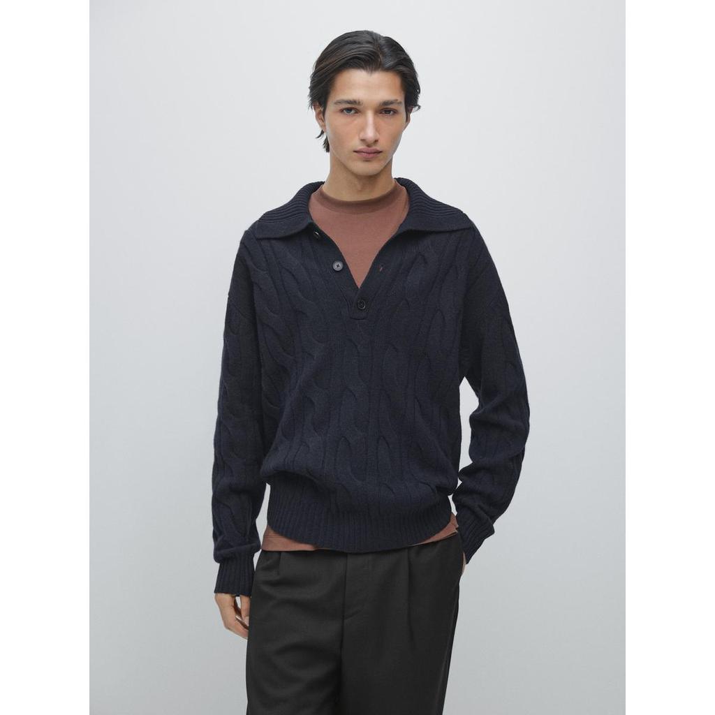Masimodutti Wool Braided Knit Polo Sweater