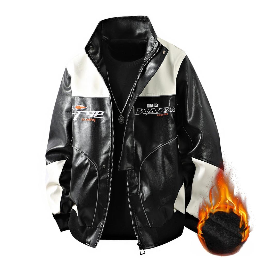 New Men's Color-blocking PU Leather Jacket Motorcycle Suit Leather Jacket