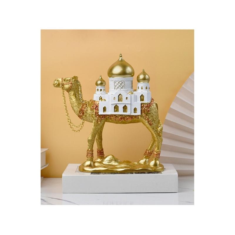 Camels Figurine with Mosque Tower Resin Camels Statue Ornament for Ramadans Eid Mubarak Home Decors Collectibles Gift