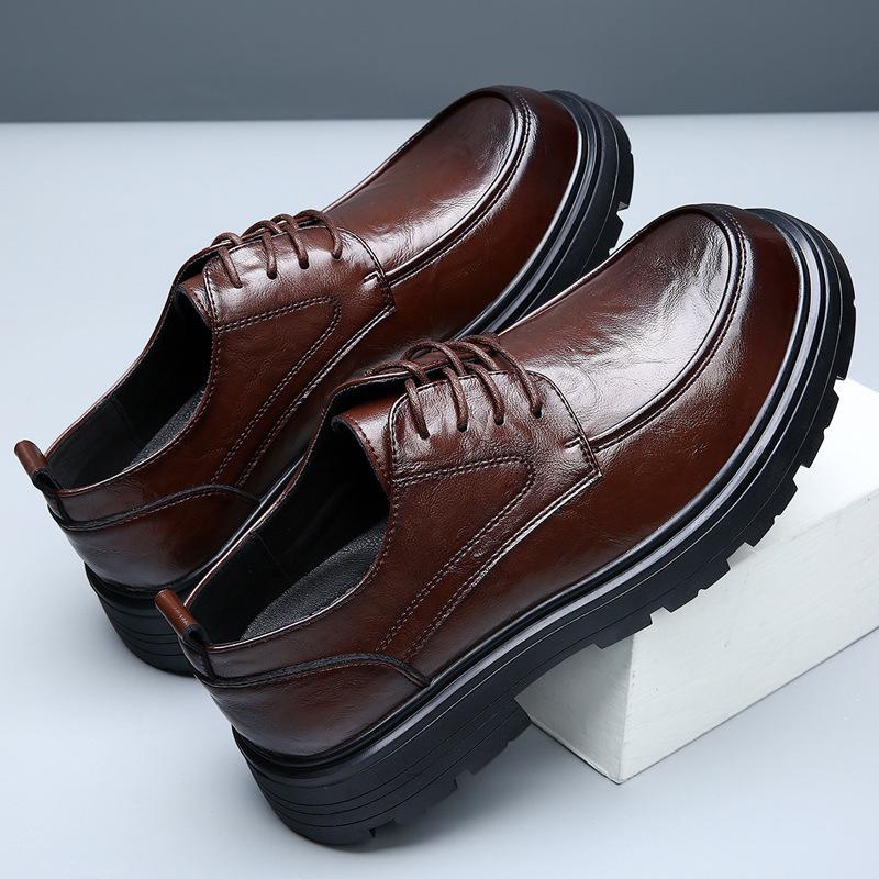 2025 Spring New Men's Shoes Leather High-end Black Heightening Leather Shoes British Breathable Business Dress Big Head Shoes