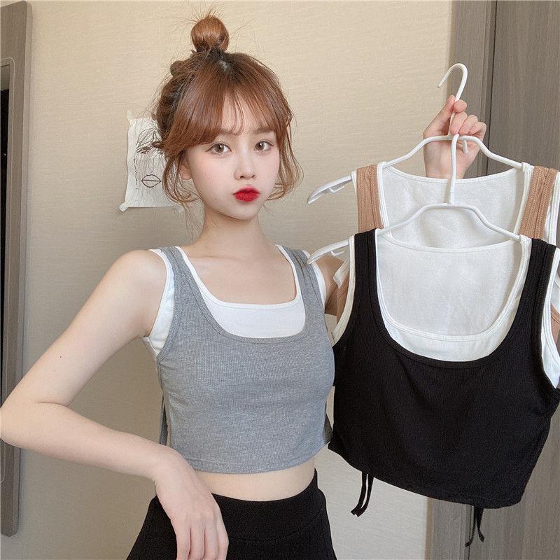 Women's Fake Two-Piece Crop Tank Top, Ribbed Cotton Sleeveless Camisole