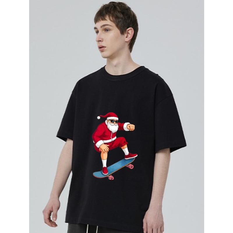 Weihnachtsmann Skateboard T-Shirt Schwarz Weihnachtsfeiertag Cartoon Druck Unisex Freizeitkleidung für Männer Frauen und Kinder