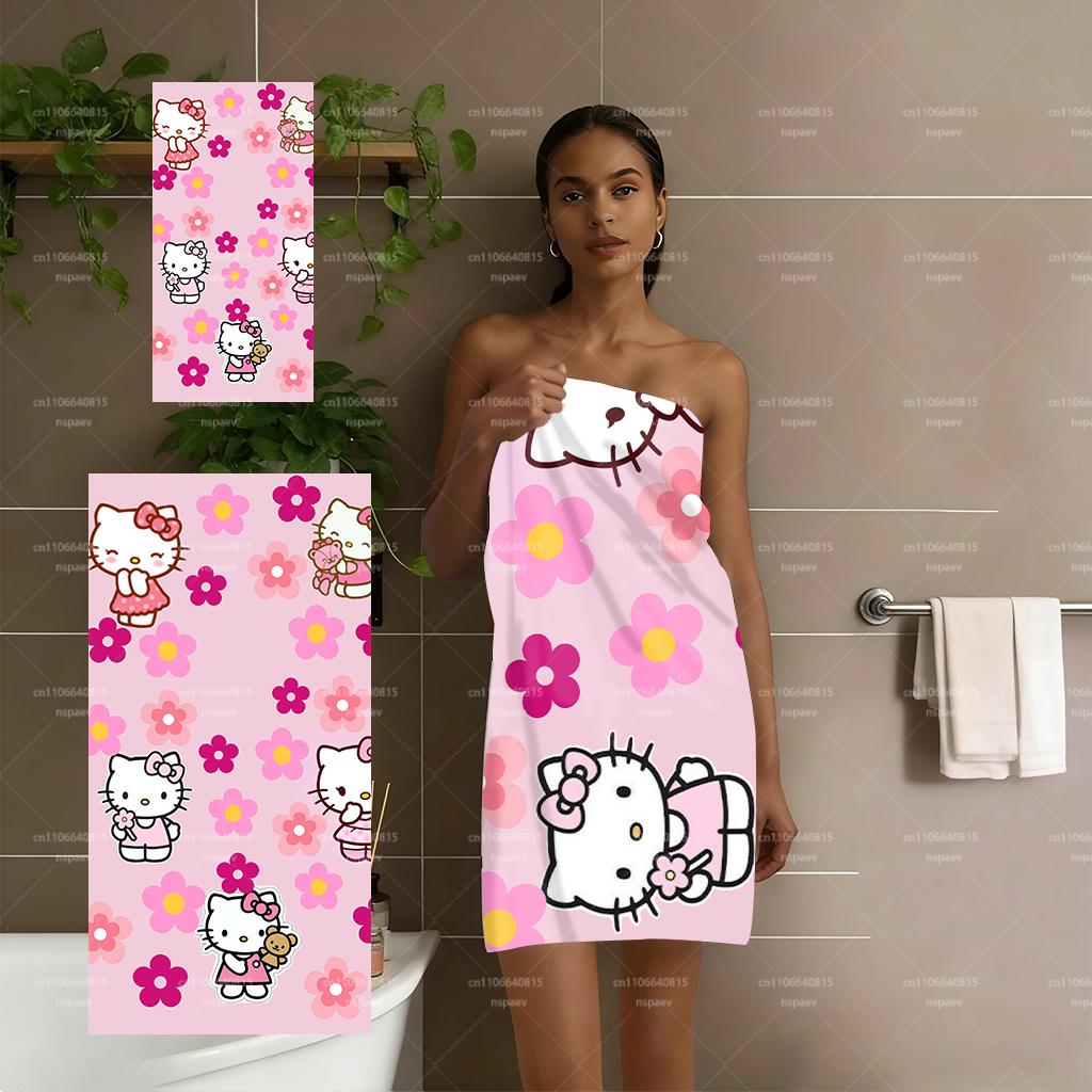 Hello Kitty Pink Floral Beach Towel, Sanrio Cartoon Quick Dry Bath Towel for Kids Adults, Cute Flower Print Beach Blanket