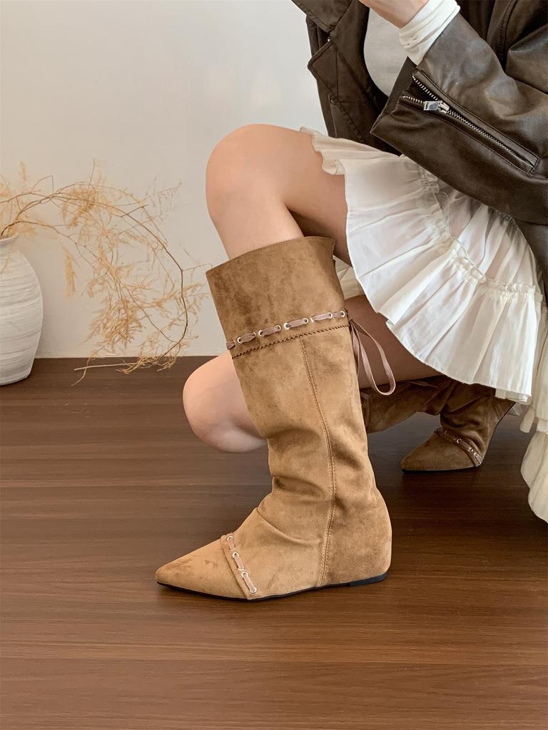 "Wasteland Spice Girls" Inner Heightening Western Cowboy Boots Women's Autumn and Winter Pile Boots Lace-up Skinny Knee Boots