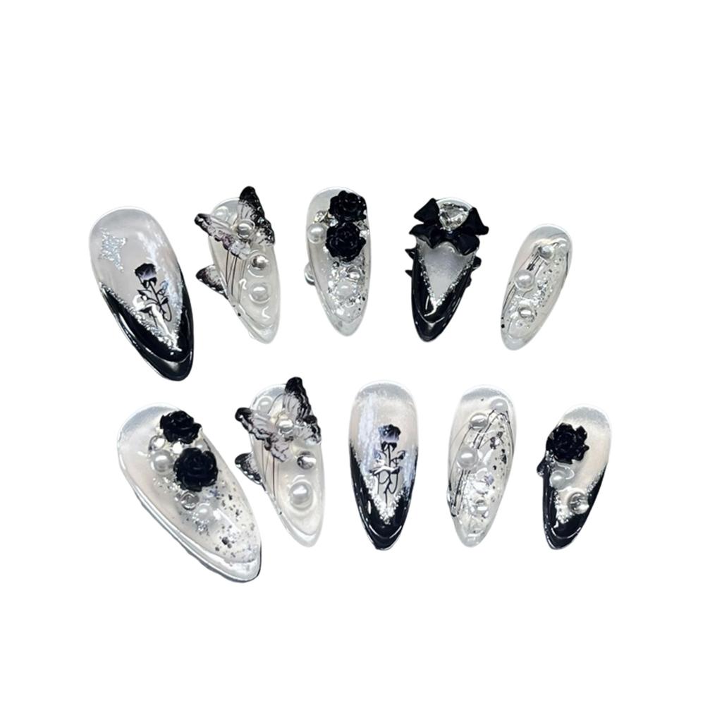 10pcs Almond Fake Nail Gothic Style Bowknot Rhinestones Shiny Nail Tips for Women and Girl Nail Salon At Home