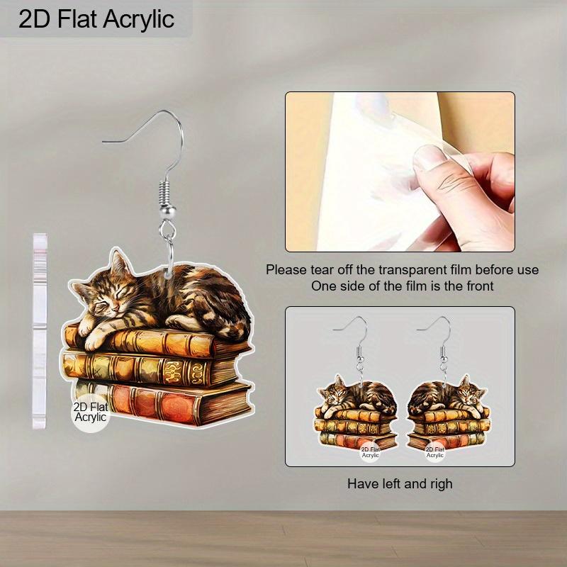 2D Flat Acrylic Cartoon Book Cat Pattern Earrings Fashion Jewelry Gift for Women Girls Female