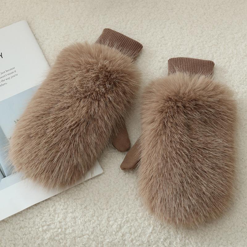 

Imitation Rabbit Fur Windproof Gloves Soft Full Fingers Winter Warm Gloves Thick Warm Lining Women Mittens коричневий
