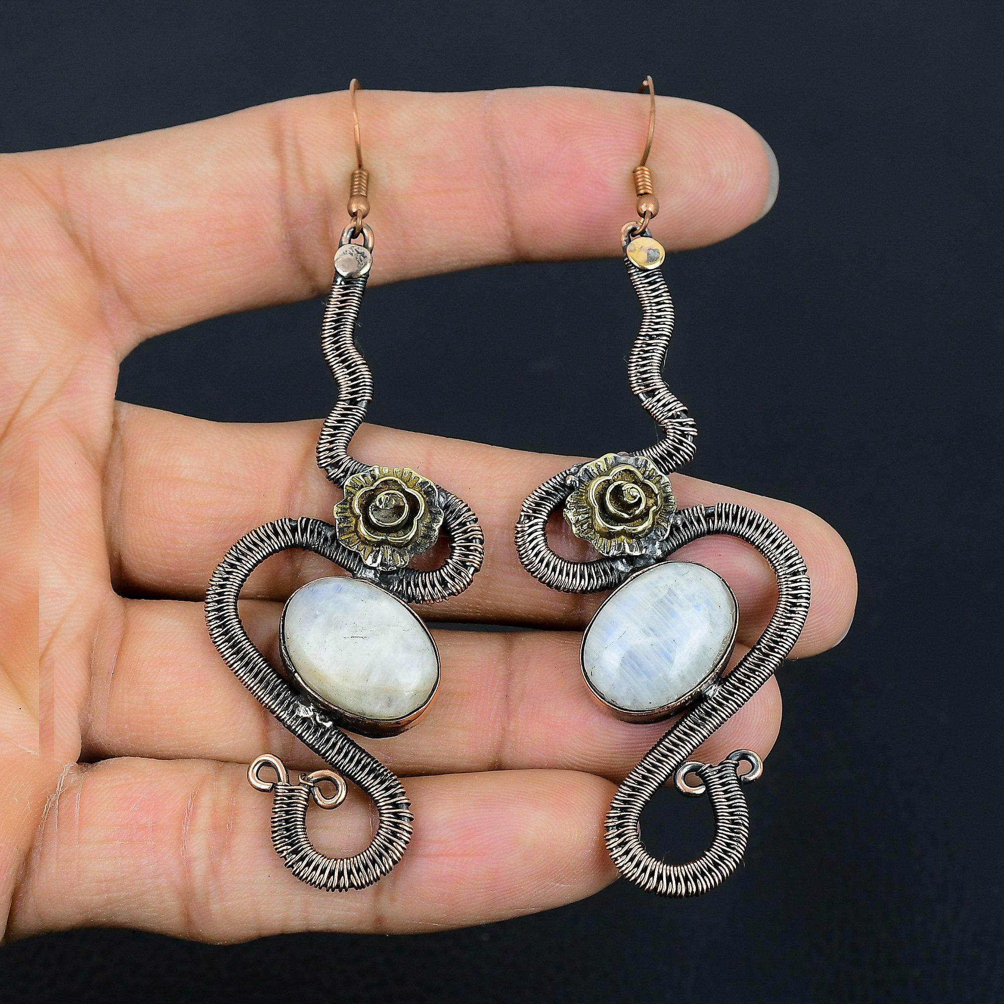 

Серьги из радужного лунного камня, ювелирные изделия из драгоценных камней, серьги, обернутые медной проволокой 999 пробы, красивые серьги ручной работы 2.55 Inches