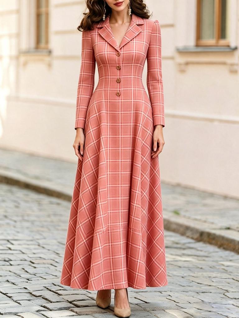 Spring and Autumn Temperament Elegant French Commuter Plaid Breasted Suit Dress Women's Long Dress