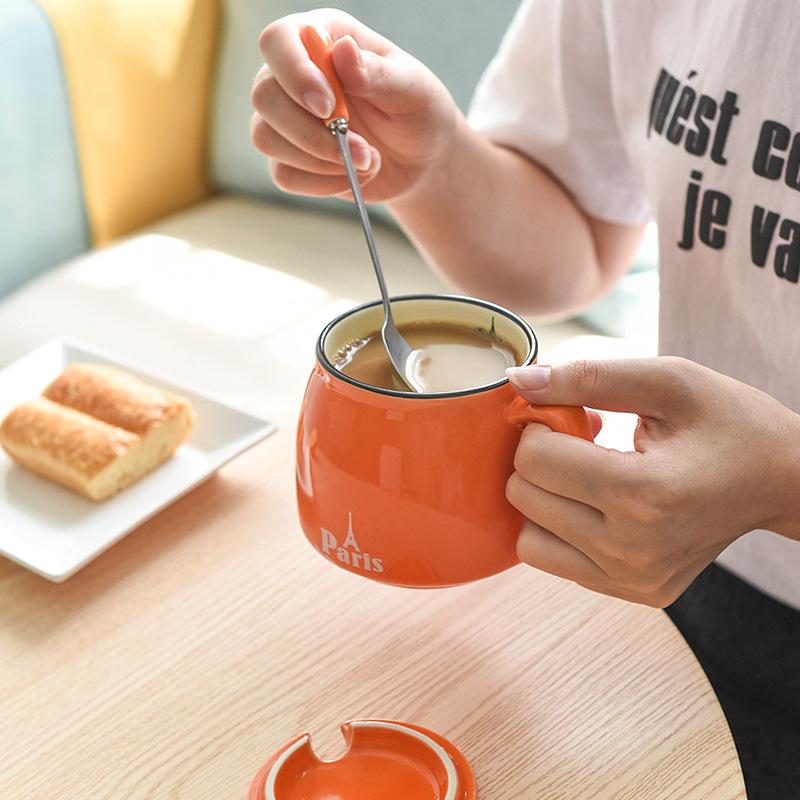 Creative Ceramic Cup With Lid And Spoon Milk Cup Day Breakfast Cup Coffee Cup Customization