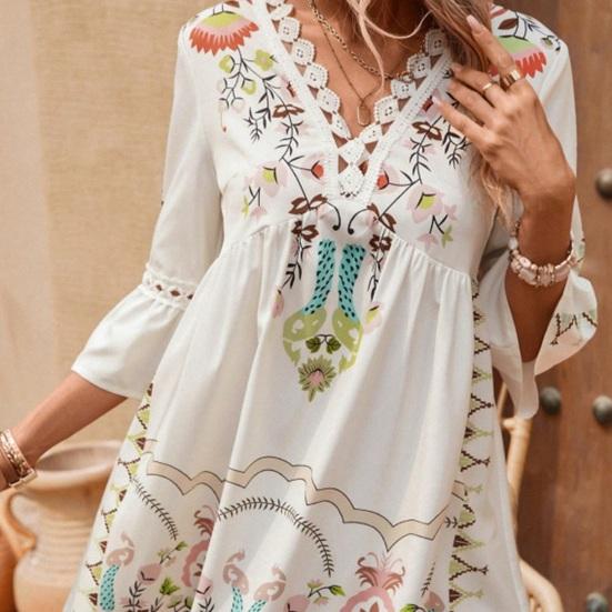 Women's Boho Floral Mini Dress Fall Long Sleeve V Neck Flowy Wedding Guest Dress Casual Beach Vacation Outfits