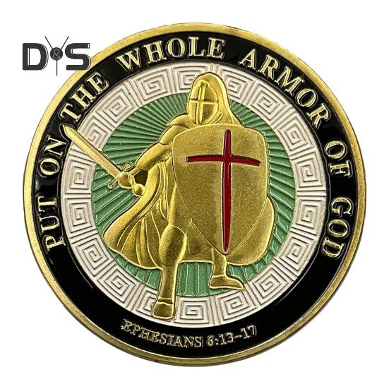 Münze „Rüstung Gottes“, Metall-Souvenirmünze mit 4 cm Durchmesser, „Legen Sie die ganze Rüstung Gottes an“, doppelseitige Herausforderungsmünze für gepanzerte Soldaten für die Militärkirche