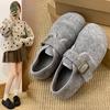 Gray Fluffy Shoes for Women To Wear In Winter, New Korean Version of Woolen Single Shoes for Women, Flat-soled Doudou Shoes, Velvet Thermal Cotton Sh