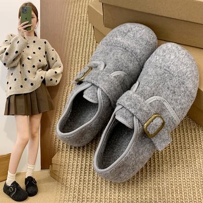 Inner Heightened Platform Wool Gray Wool Shoes Women's Autumn and Winter New Fleece Warm Cotton Shoes Single Shoes