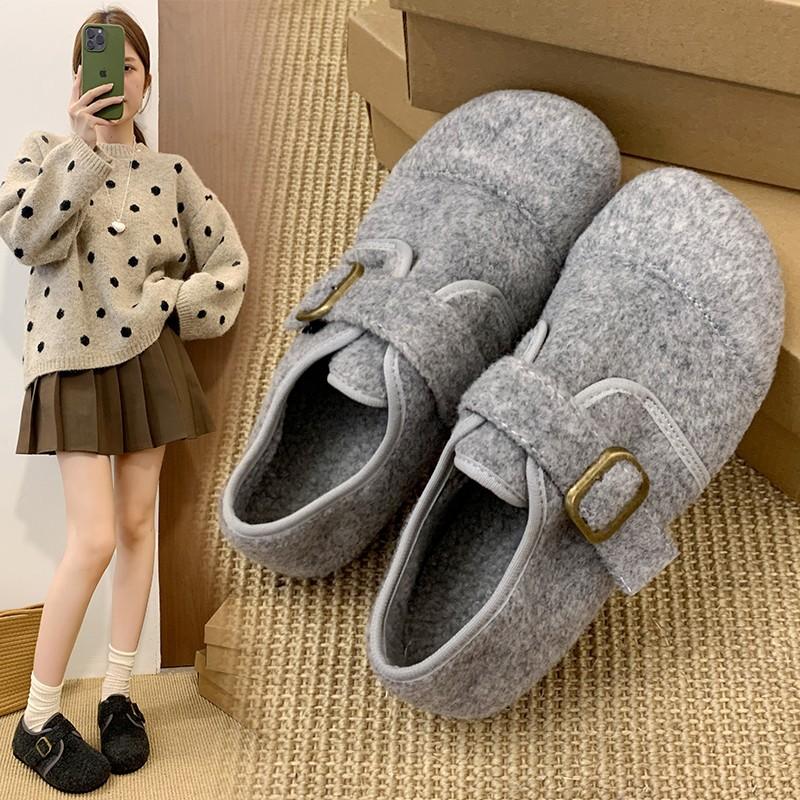 Gray Fluffy Shoes for Women To Wear In Winter, New Korean Version of Woolen Single Shoes for Women, Flat-soled Doudou Shoes, Velvet Thermal Cotton Sh