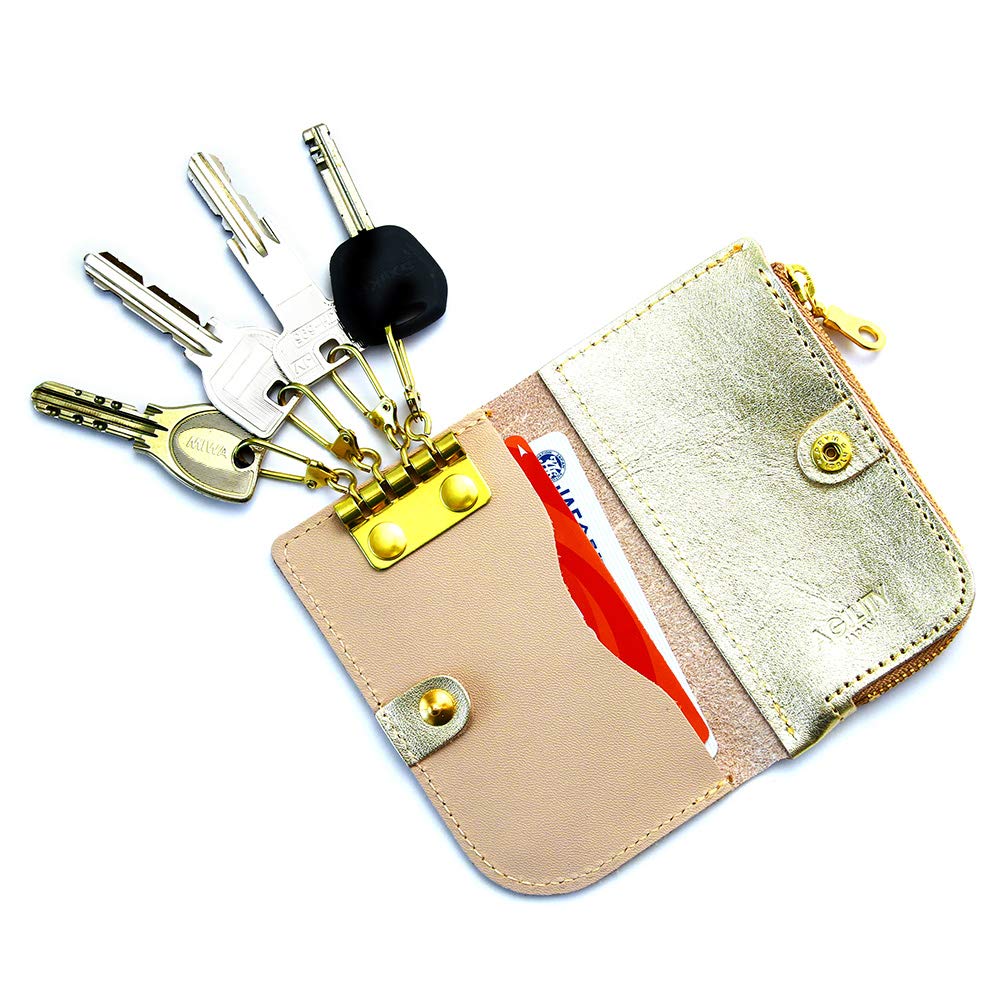AGILITY affa "Bell" Key Case with Integrated Coin Case, Gold and Silver, Genuine Leather, Stylish