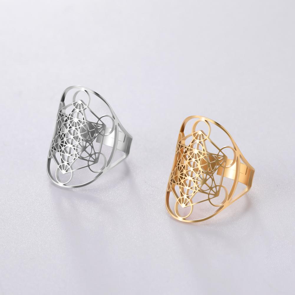 Flower of Life Ring Stainless Steel Sacred Geometry Archangel Metatron Ring Adjustable Amulet Jewelry Gift Wholesale