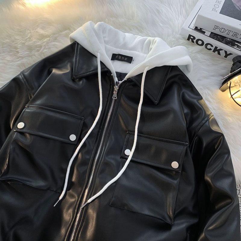 Y2k Fake Two Piece Hooded Leather Jacket Women's Autumn Winter New Ins Fashion Design Coat American Retro Casual Loose Couple Clothes
