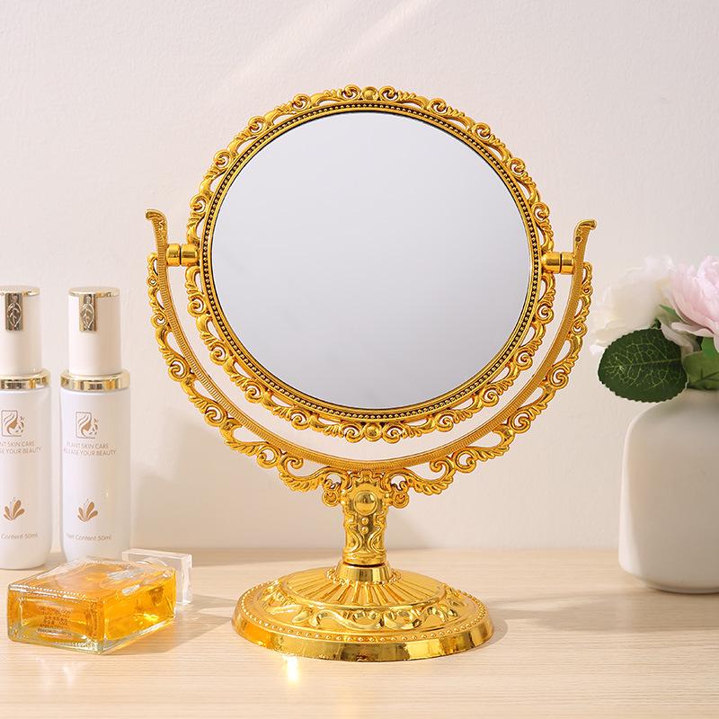 Heart-Shaped Double-Sided Rotating Vanity Mirror - Retro European Style Makeup Mirror for Bedroom